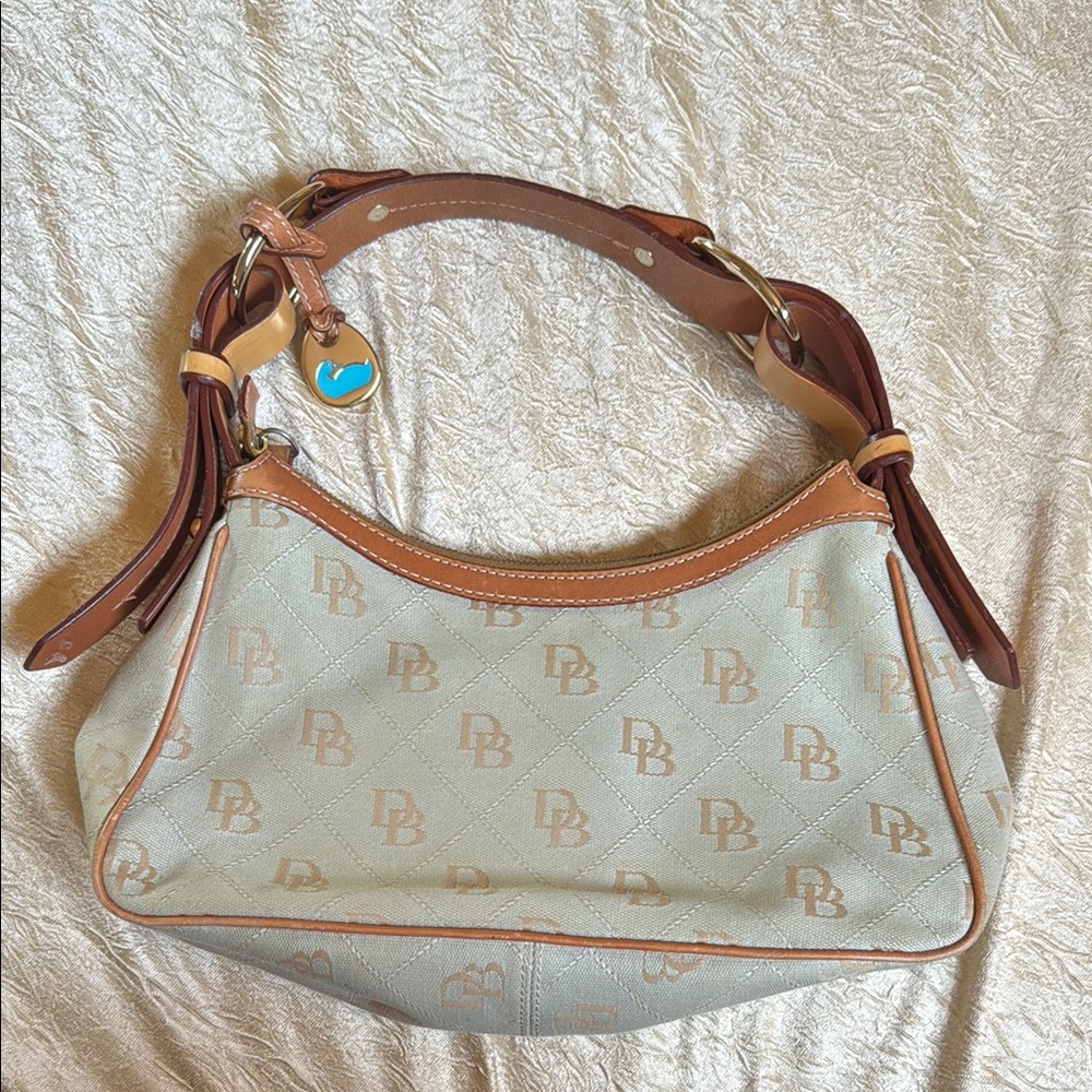 Vintage 2000s Dooney & Bourke Tan and Robin’s Egg Shoulder Bag with charm